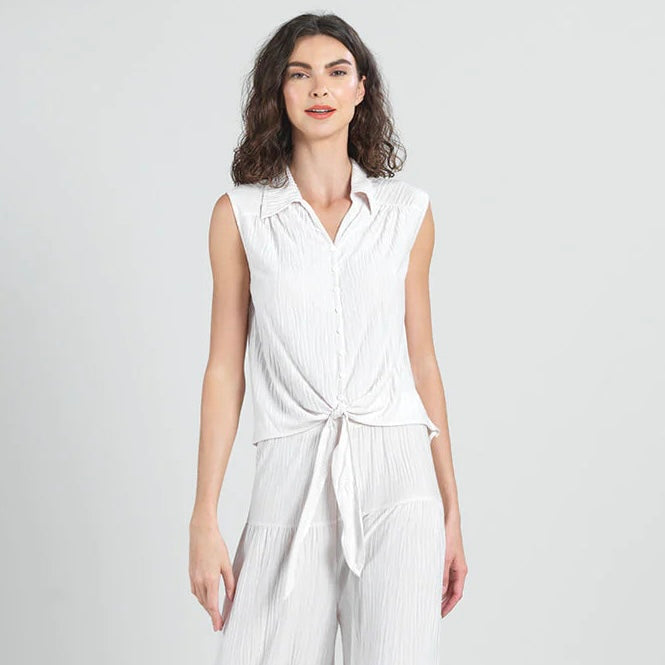 Soft Pleated Sleeveless Button Front Collar Top