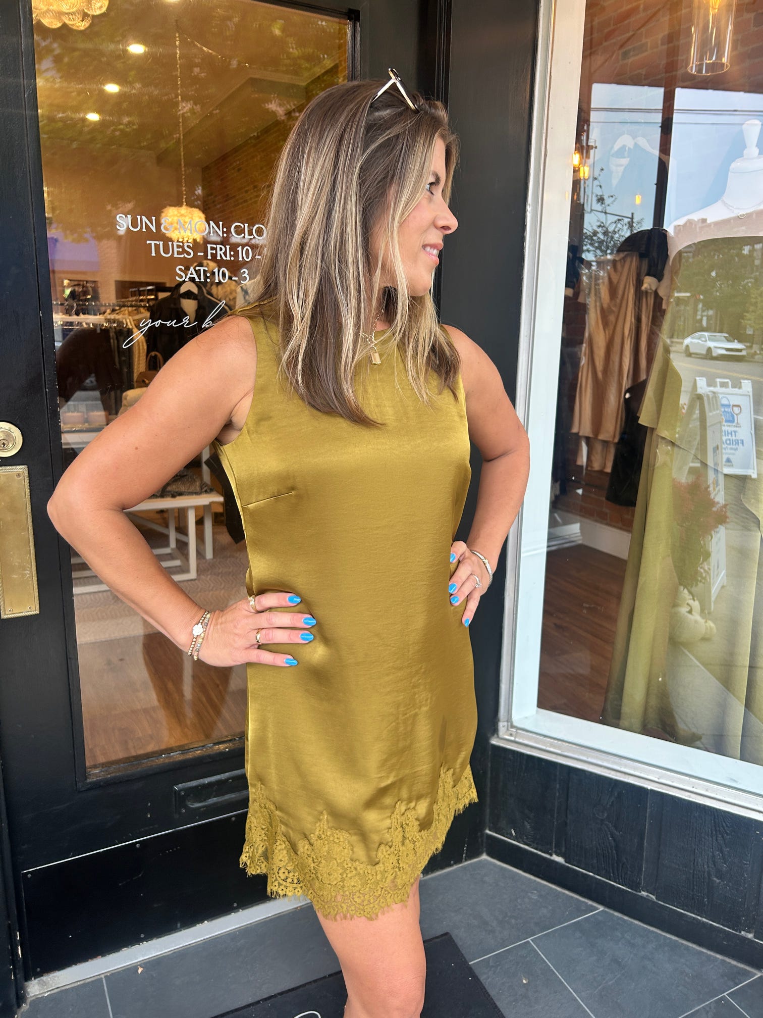 Meadow Muse Lace Mini Dress in Golden Sage