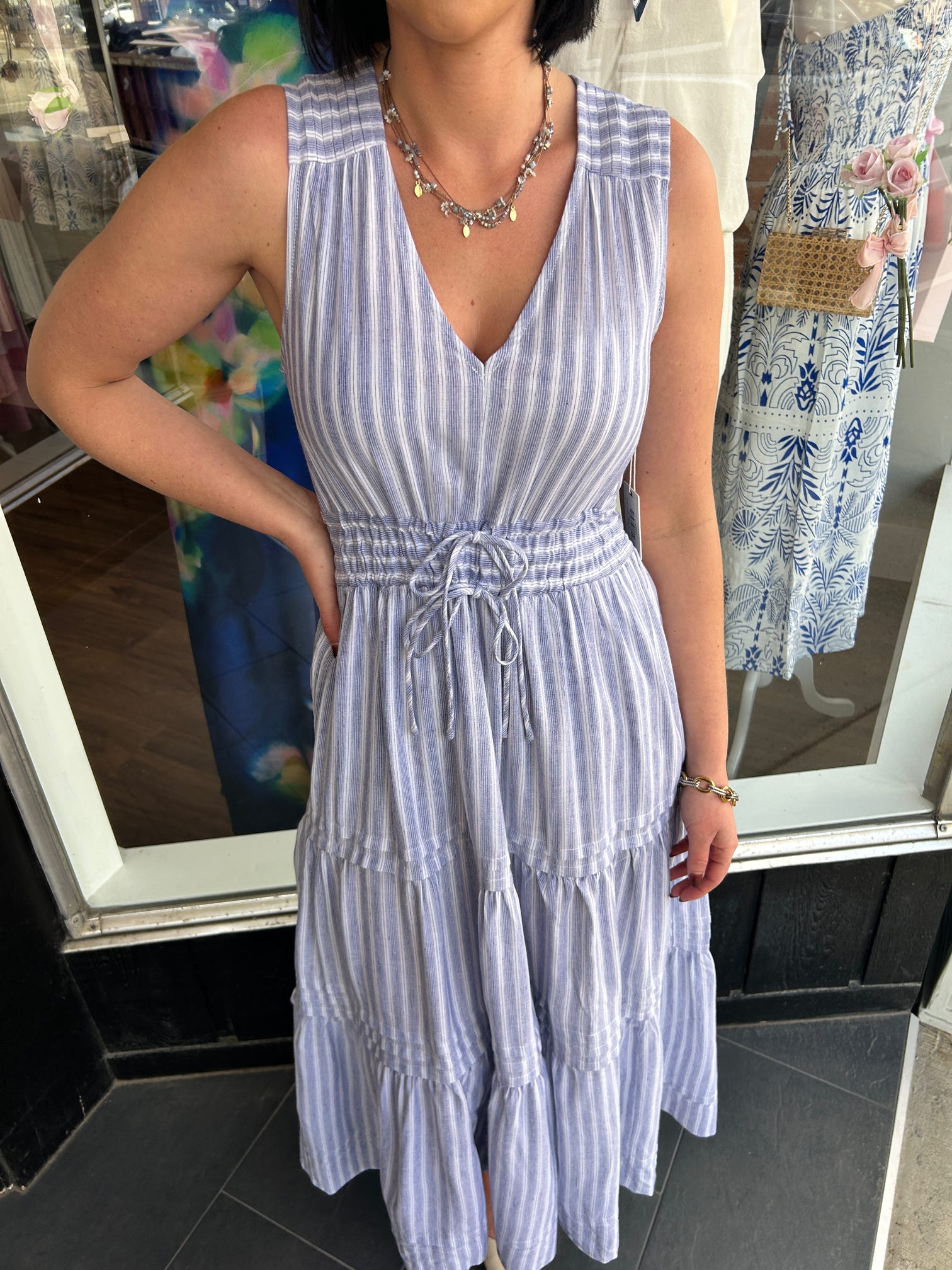 Chambray Striped Smocked Dress