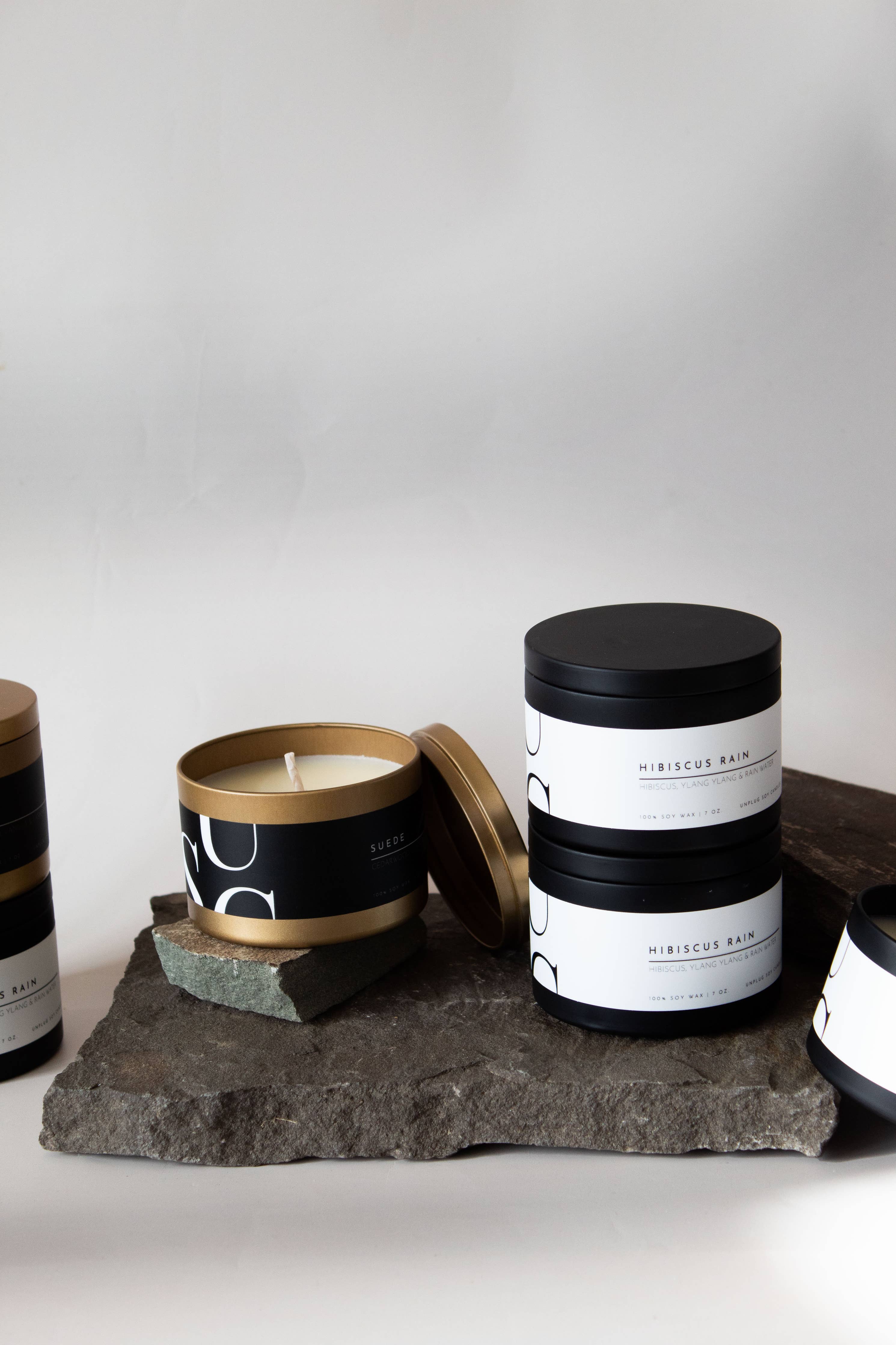 Matte Gold Travel Tin Soy Candle: Hibiscus Rain