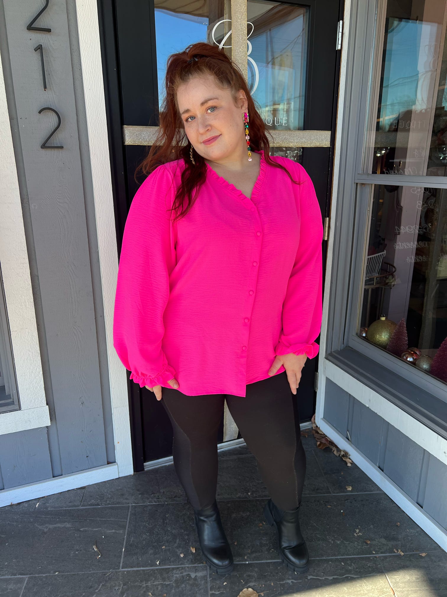 Curvy Hot Pink Button Down Blouse