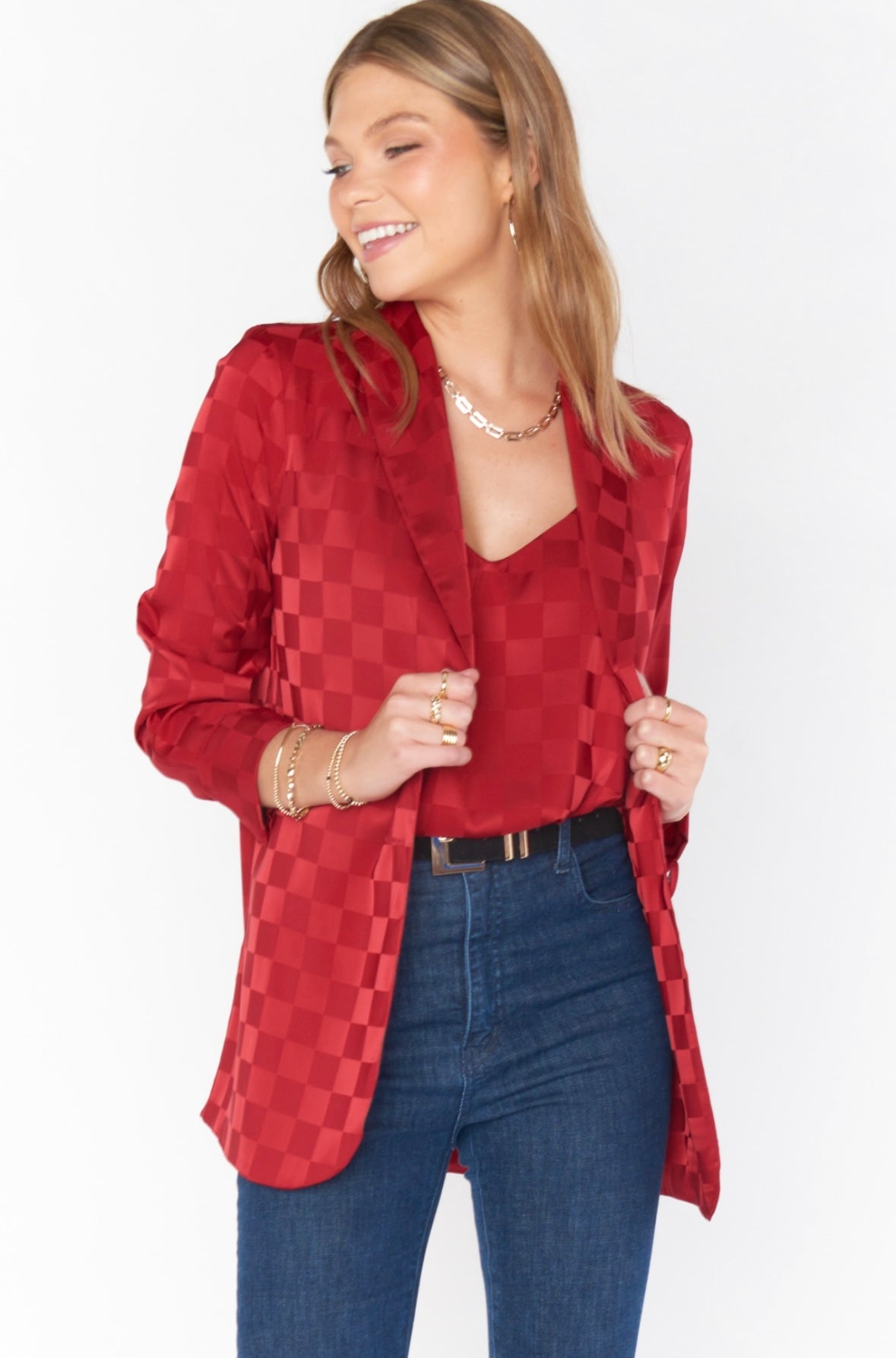 Red Checkerboard Satin Blazer