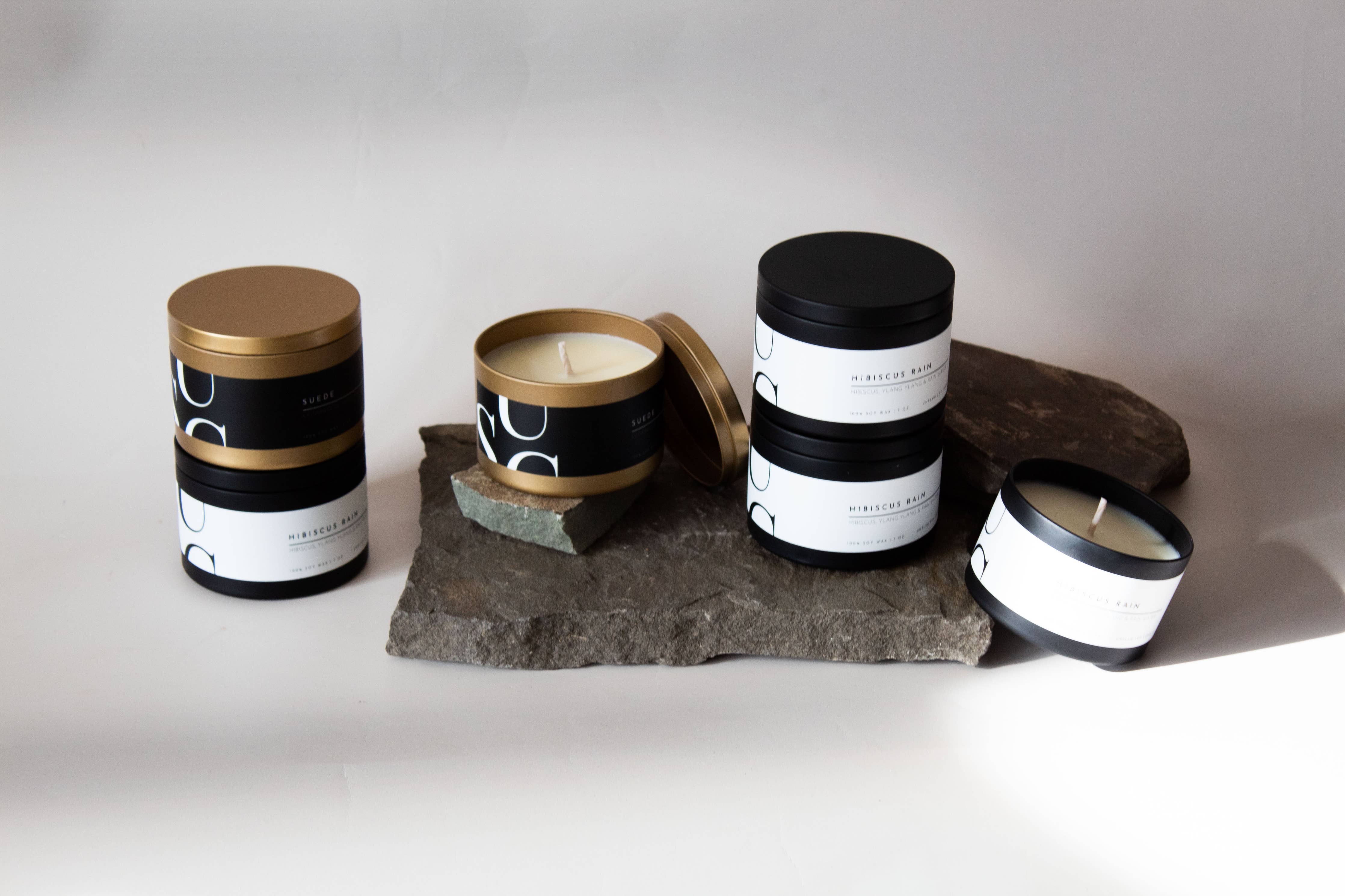 Matte Gold Travel Tin Soy Candle: Hibiscus Rain