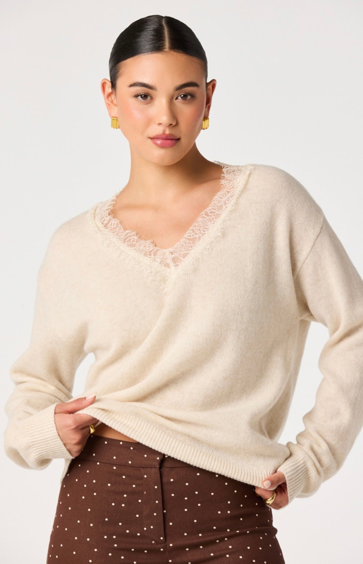 Jadyn Lace-Trim V-Neck Sweater