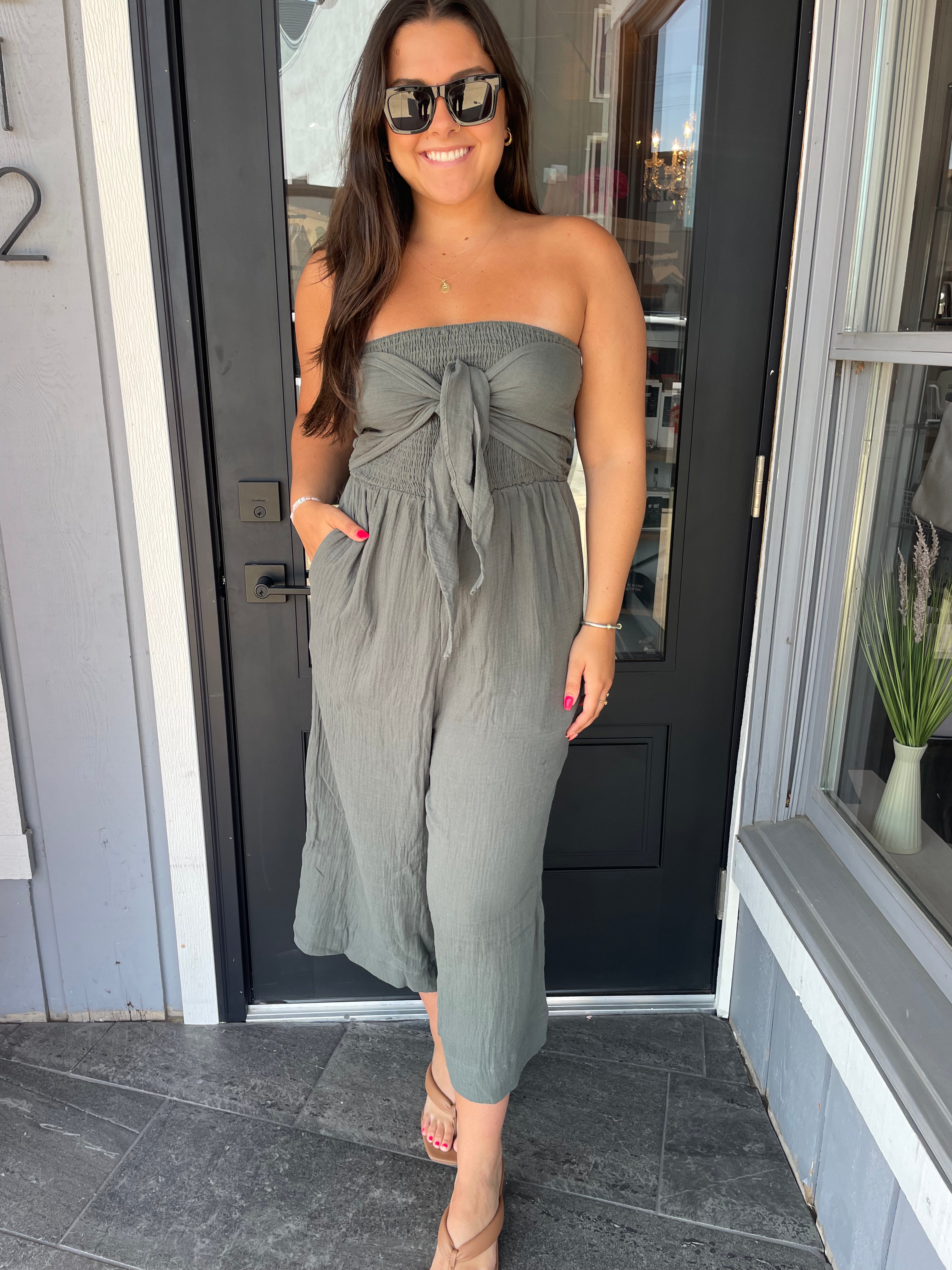 Jade Green Tie Front Jumpsuit - Final Sale