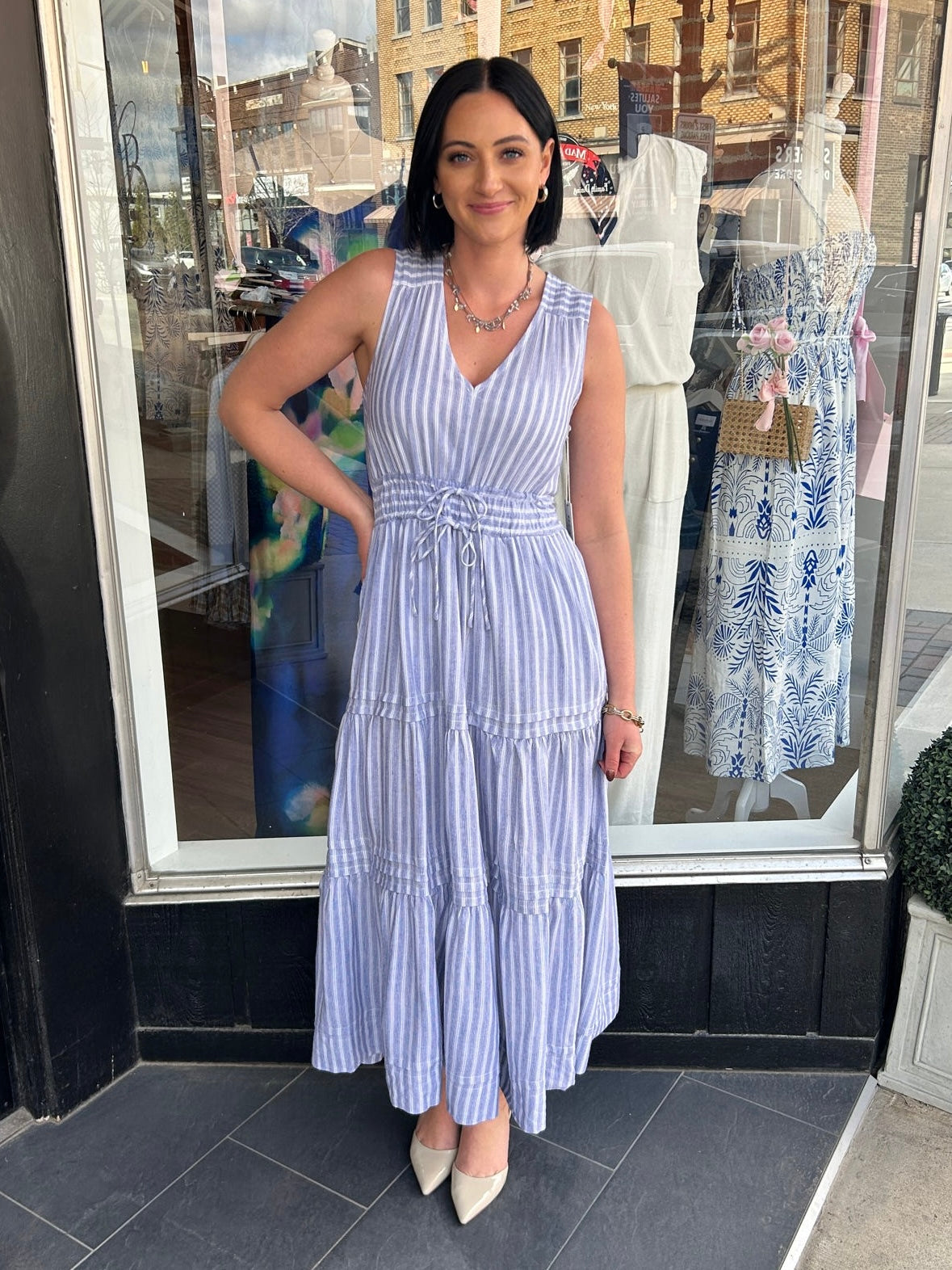 Chambray Striped Smocked Dress