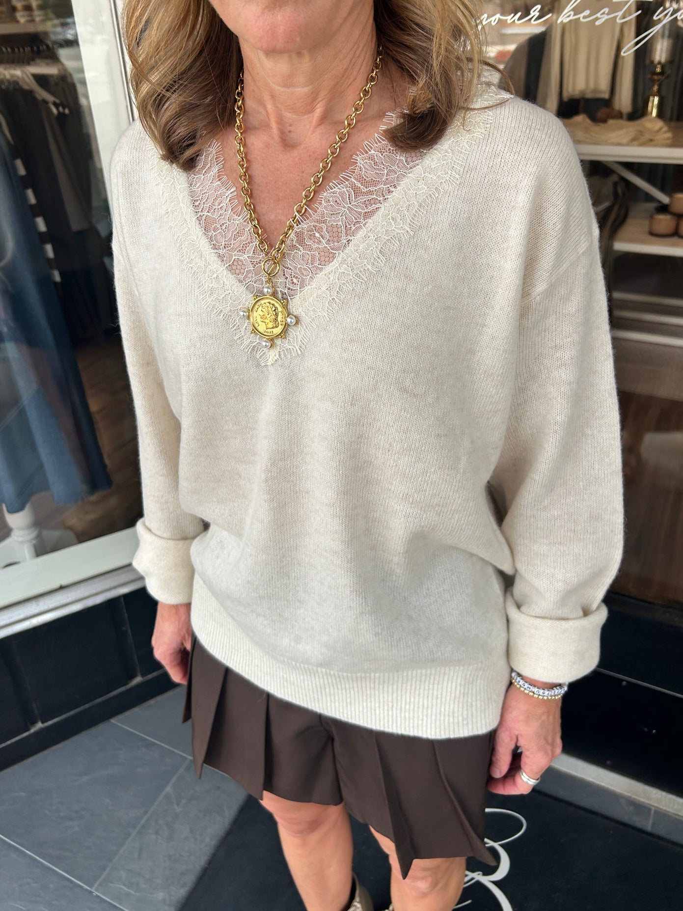 Jadyn Lace-Trim V-Neck Sweater