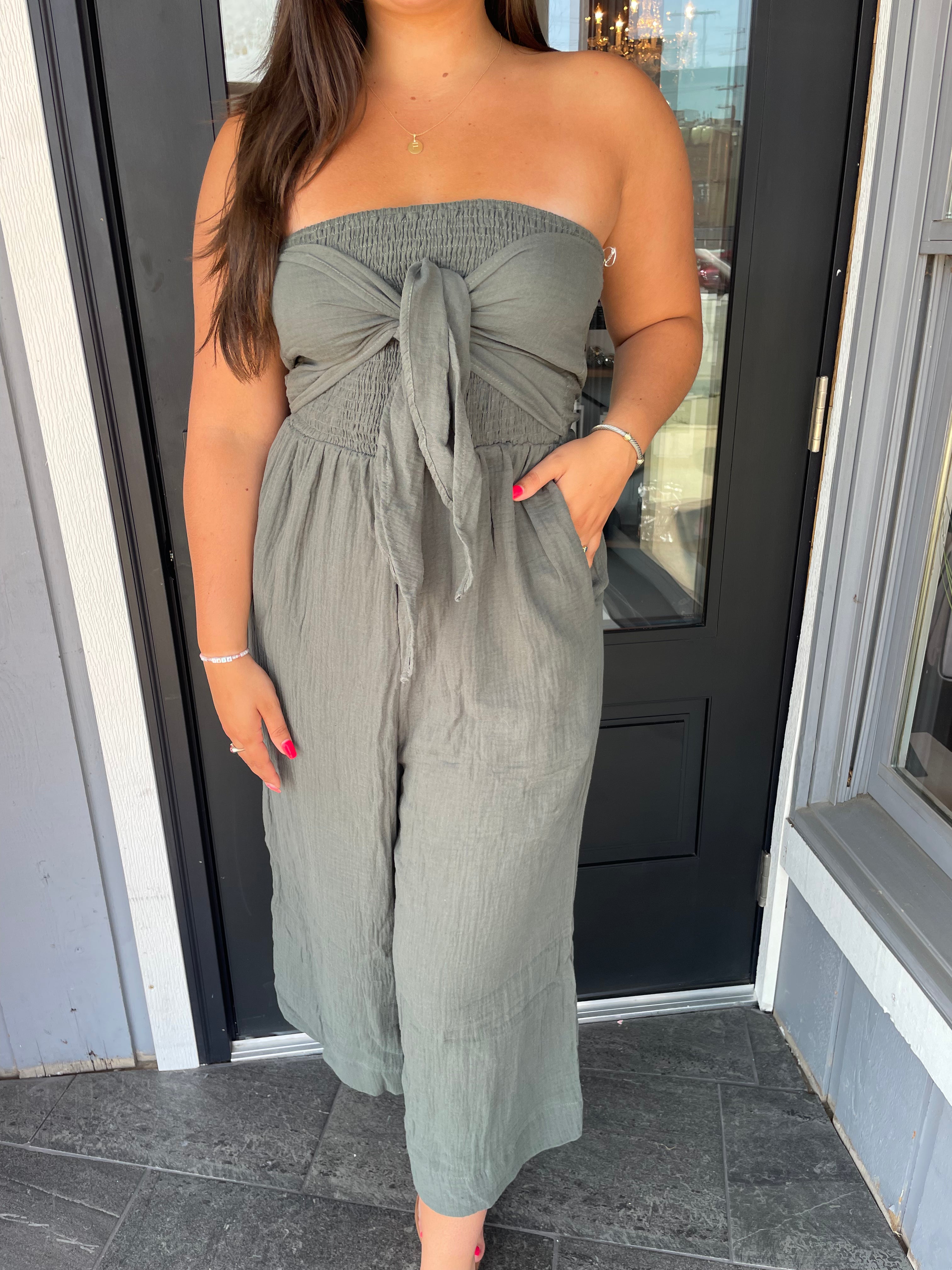 Jade Green Tie Front Jumpsuit - Final Sale