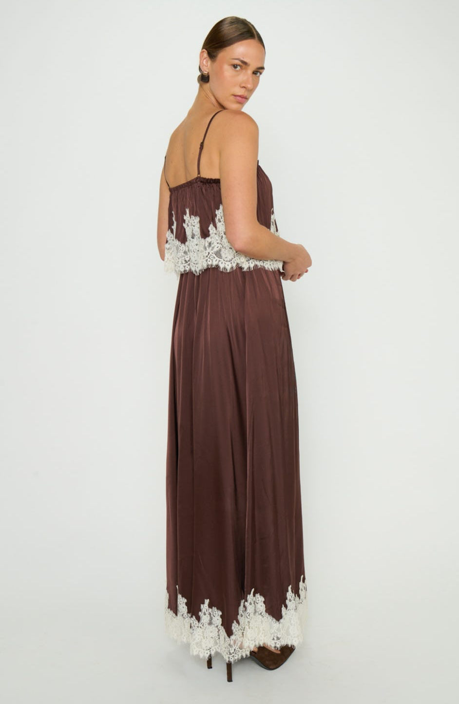 Emmylou Maxi Dress Chocolate Satin with Lace Trim