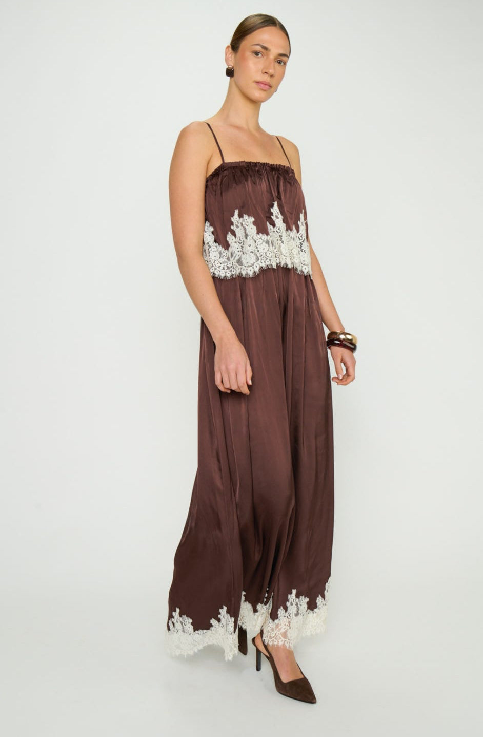 Emmylou Maxi Dress Chocolate Satin with Lace Trim