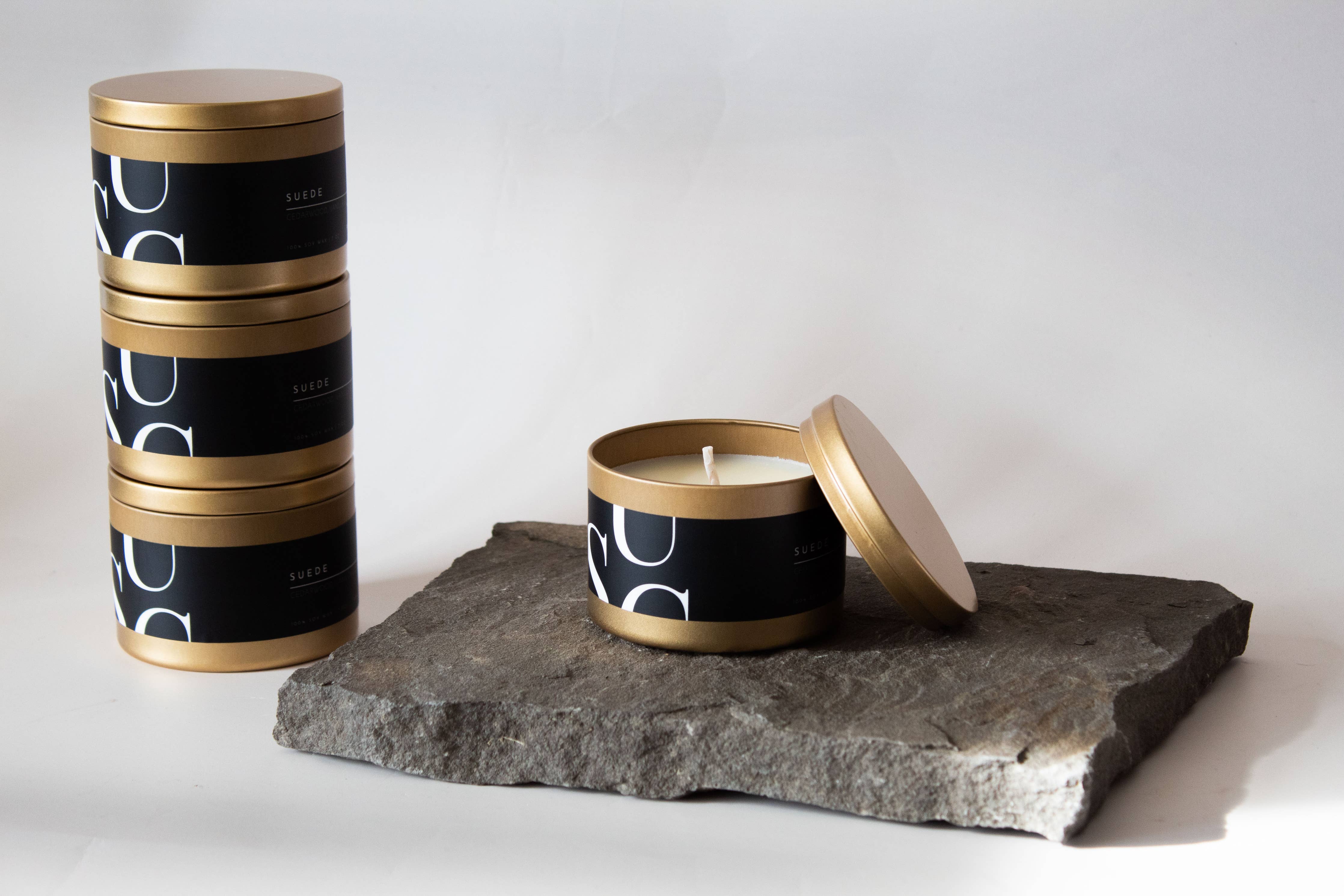 Matte Gold Travel Tin Soy Candle: Hibiscus Rain