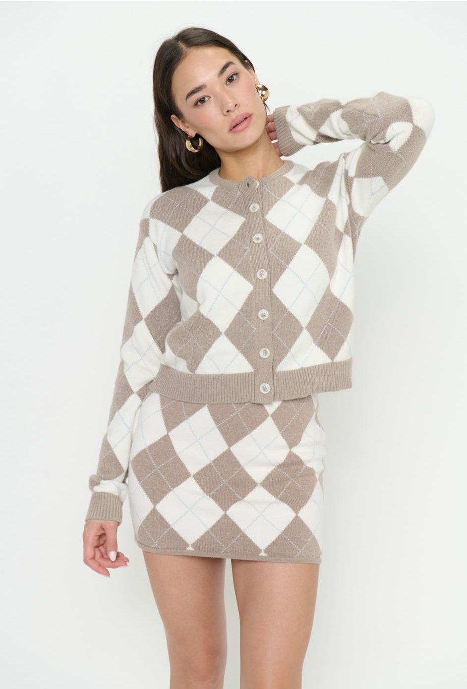 Throw On Cardigan Neutral Argyle Knit