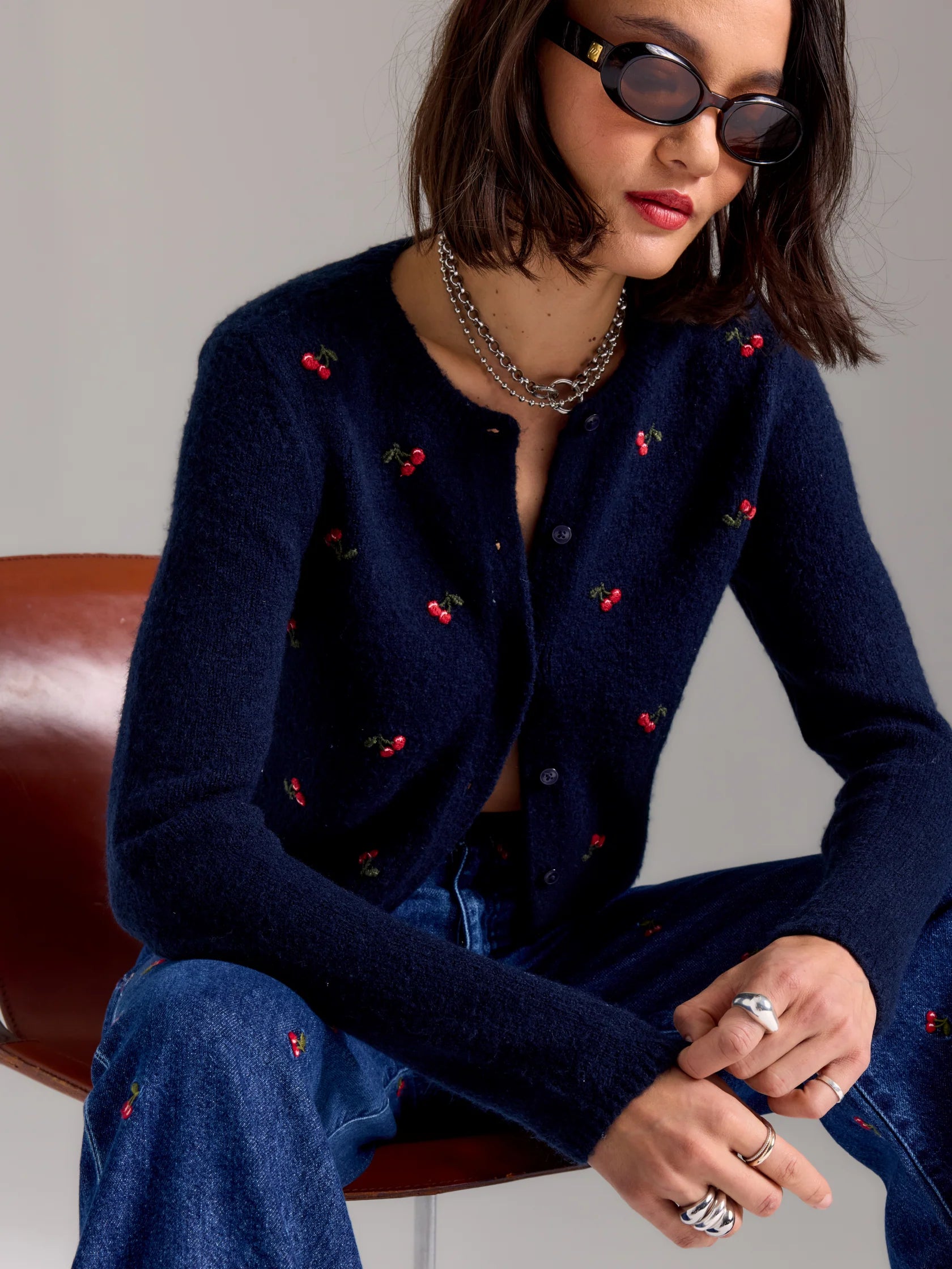 Muse Embroidered Fitted Cardigan- Cherry