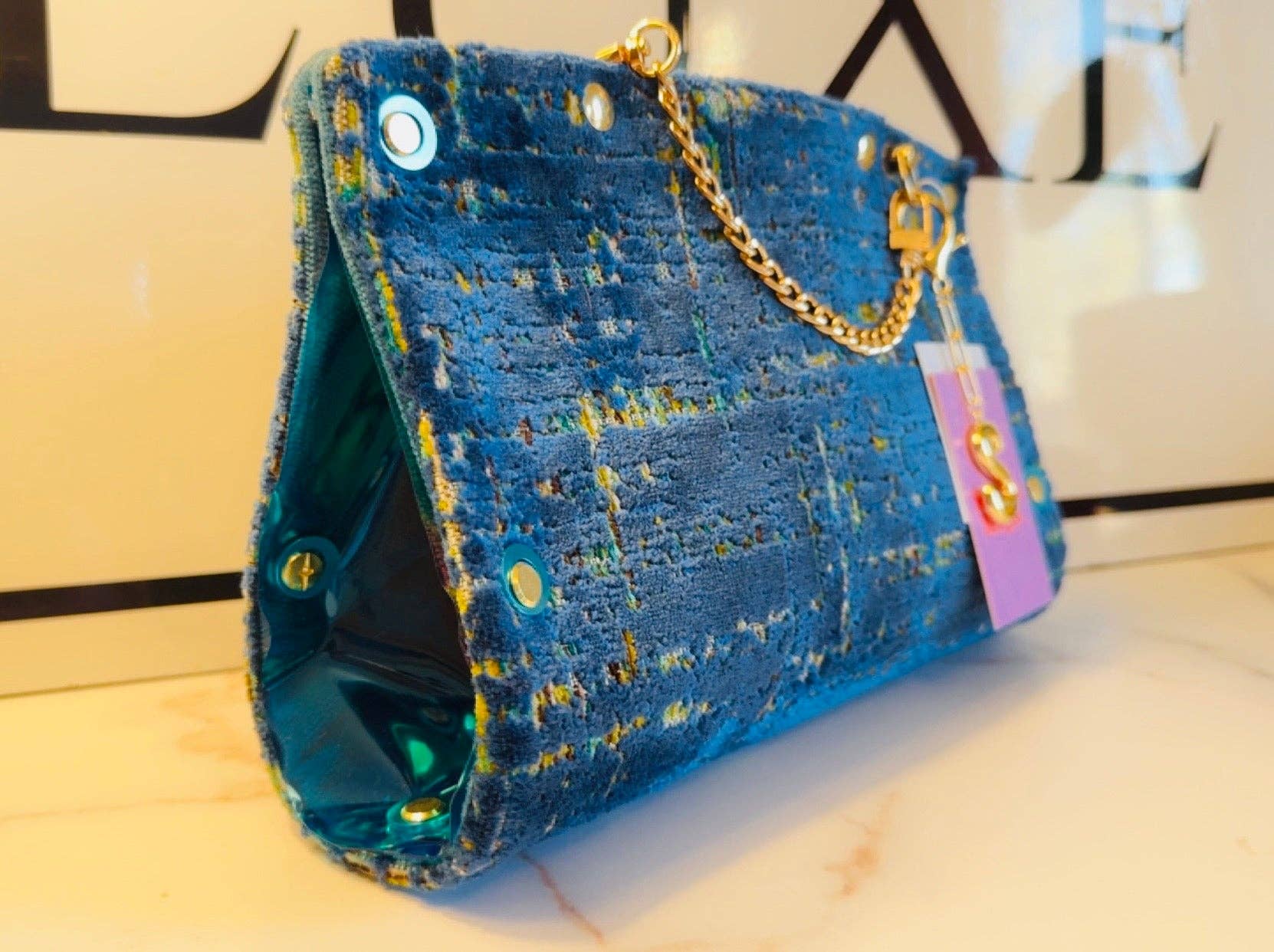 Blue and Yellow Chenille Clutch