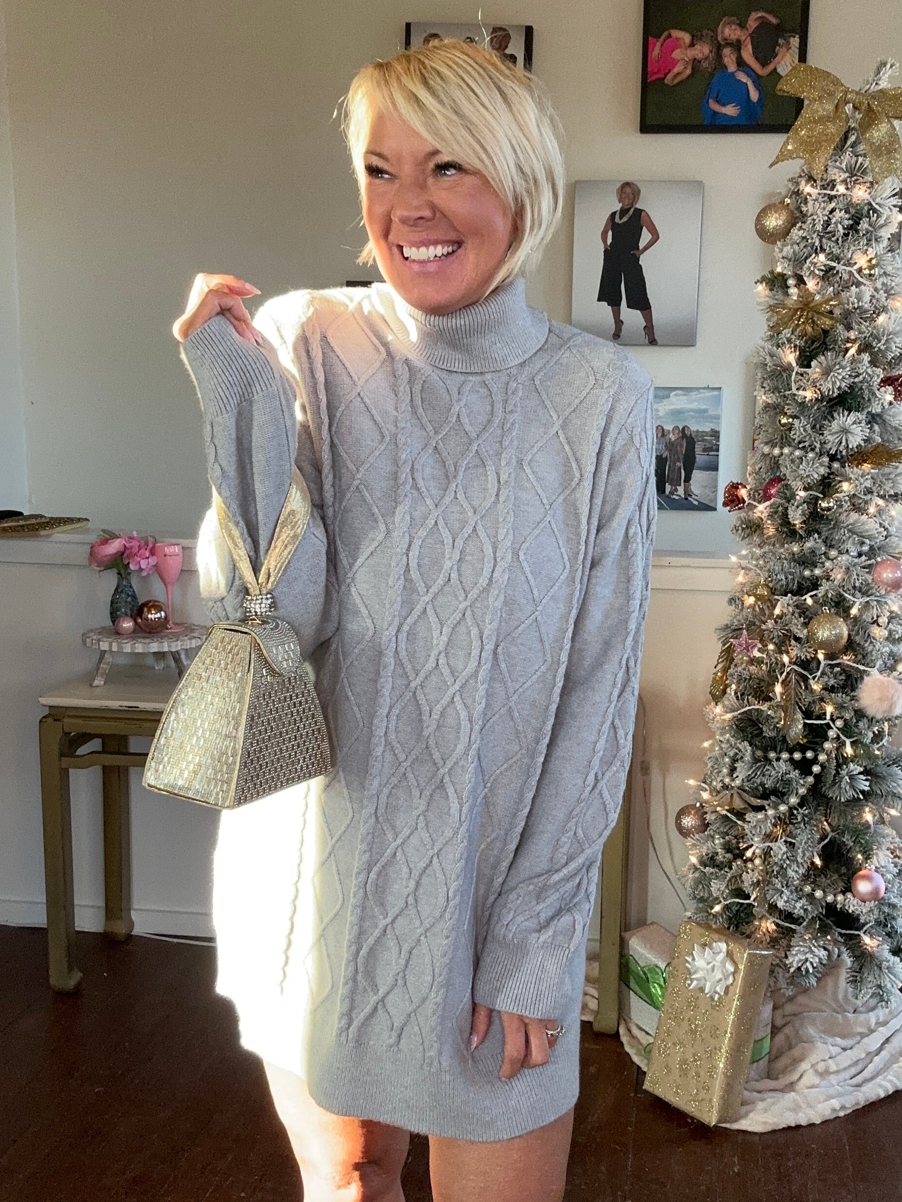 Grey Cable Knit Sweater Dress