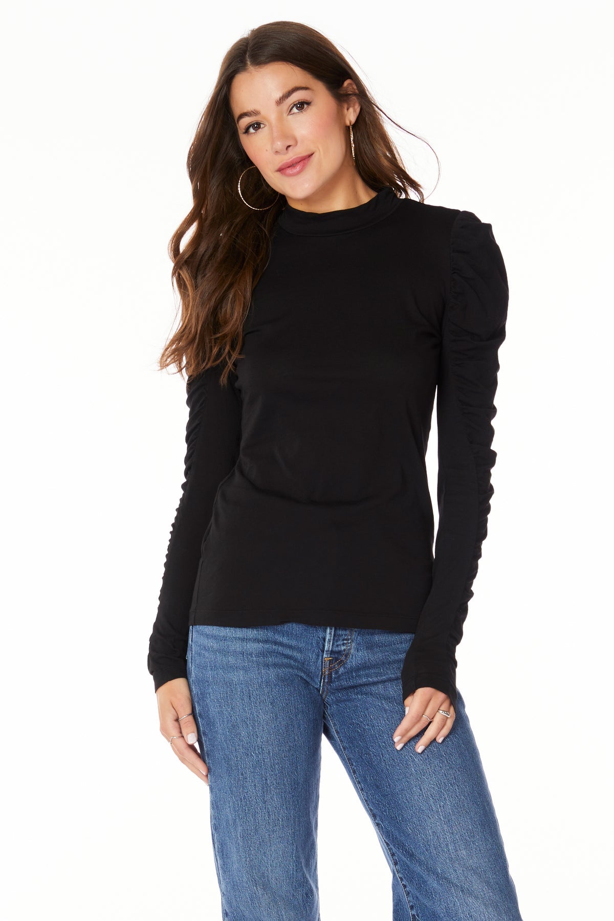 Shirred-Sleeve Turtleneck in Black and Berry Pink