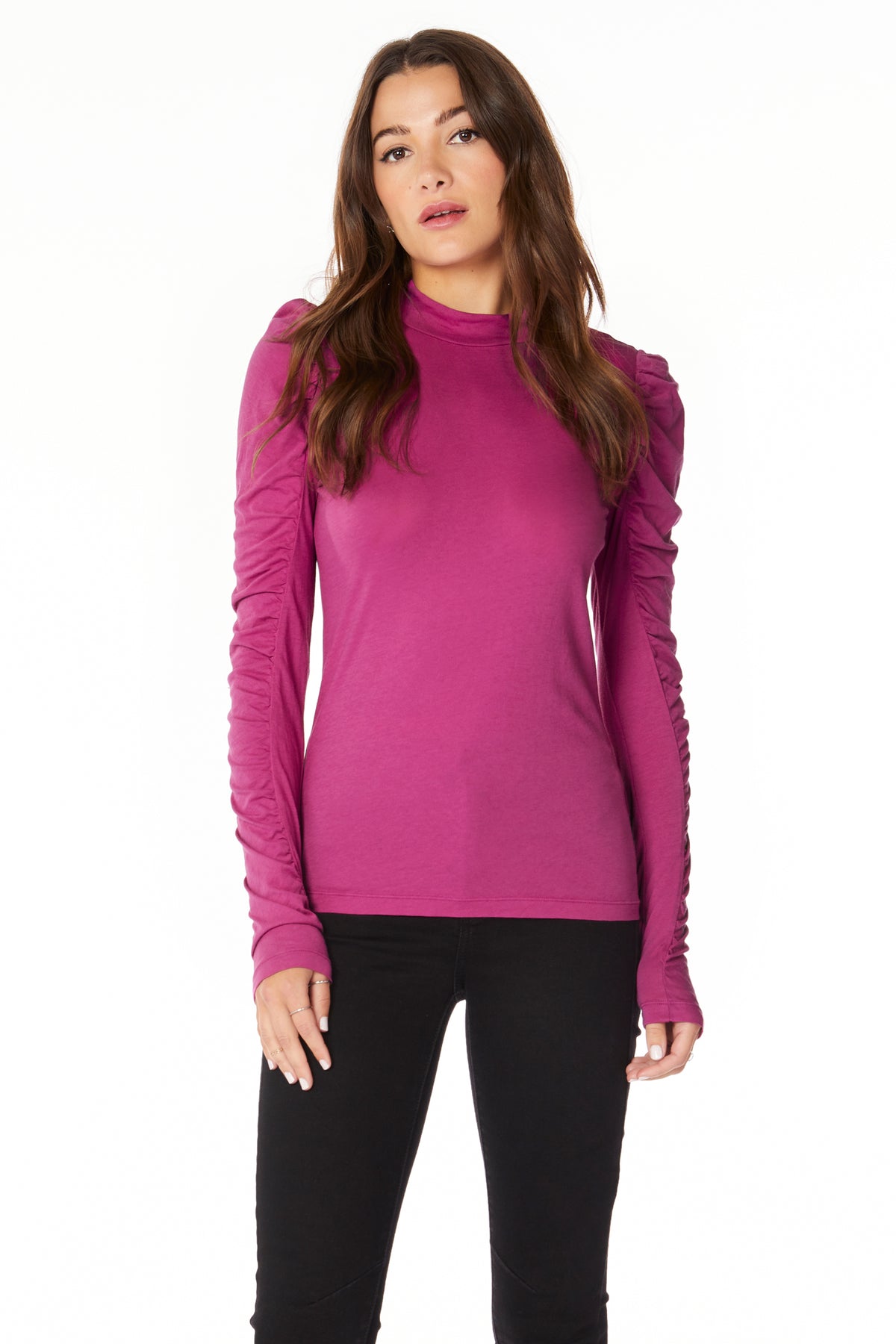 Shirred-Sleeve Turtleneck in Black and Berry Pink