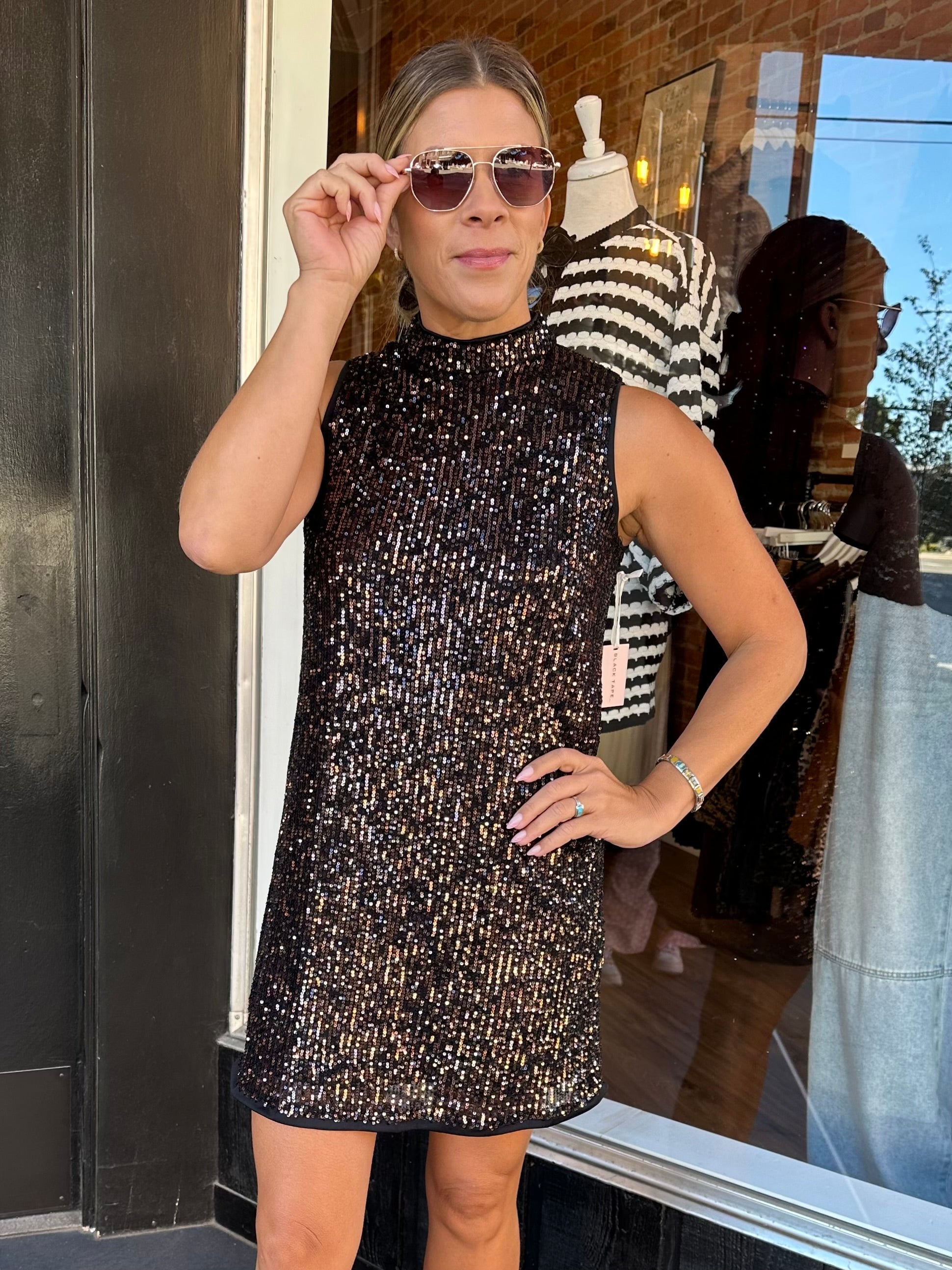 Lin Mock Neck Sequin Dress