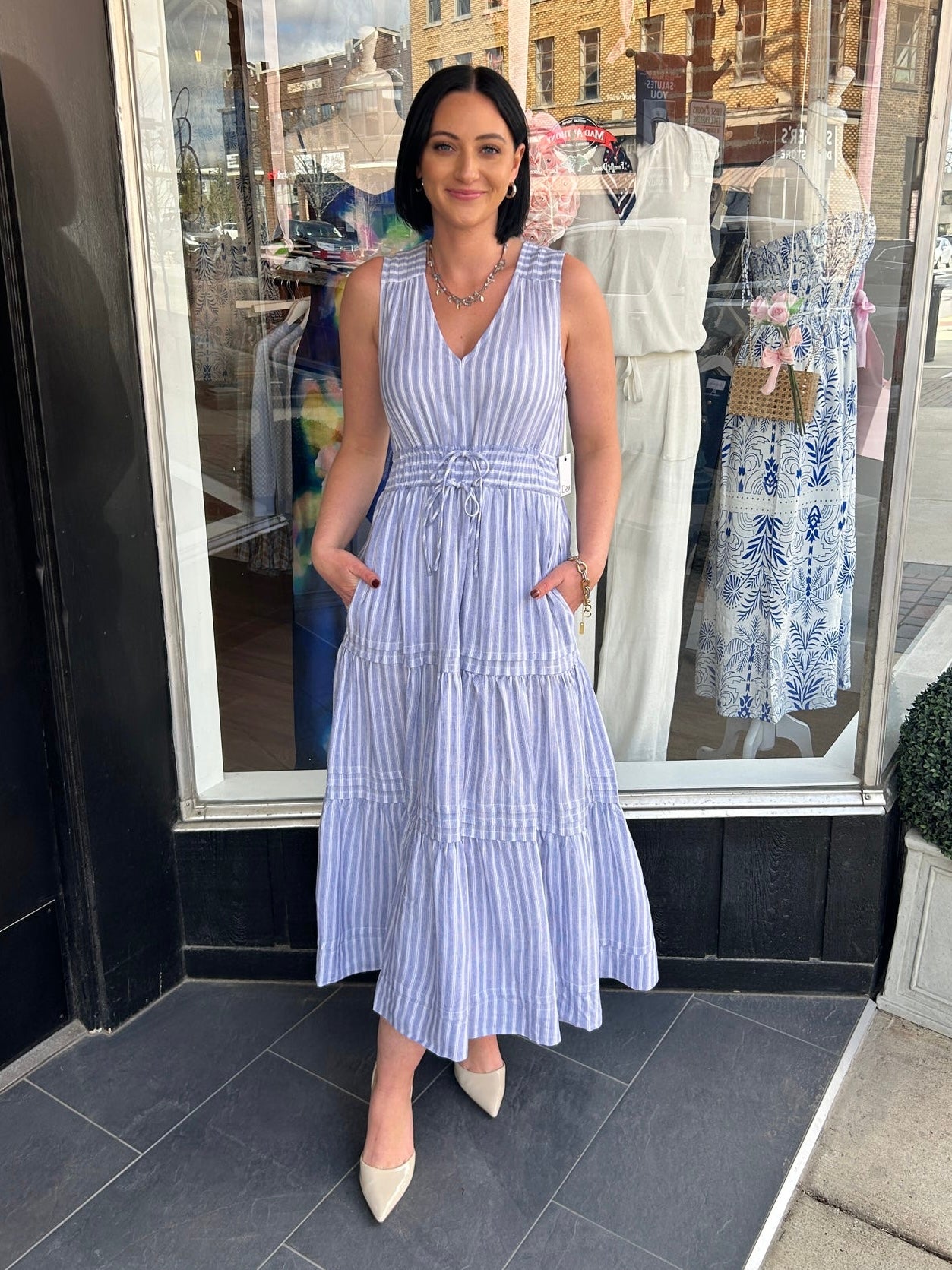 Chambray Striped Smocked Dress