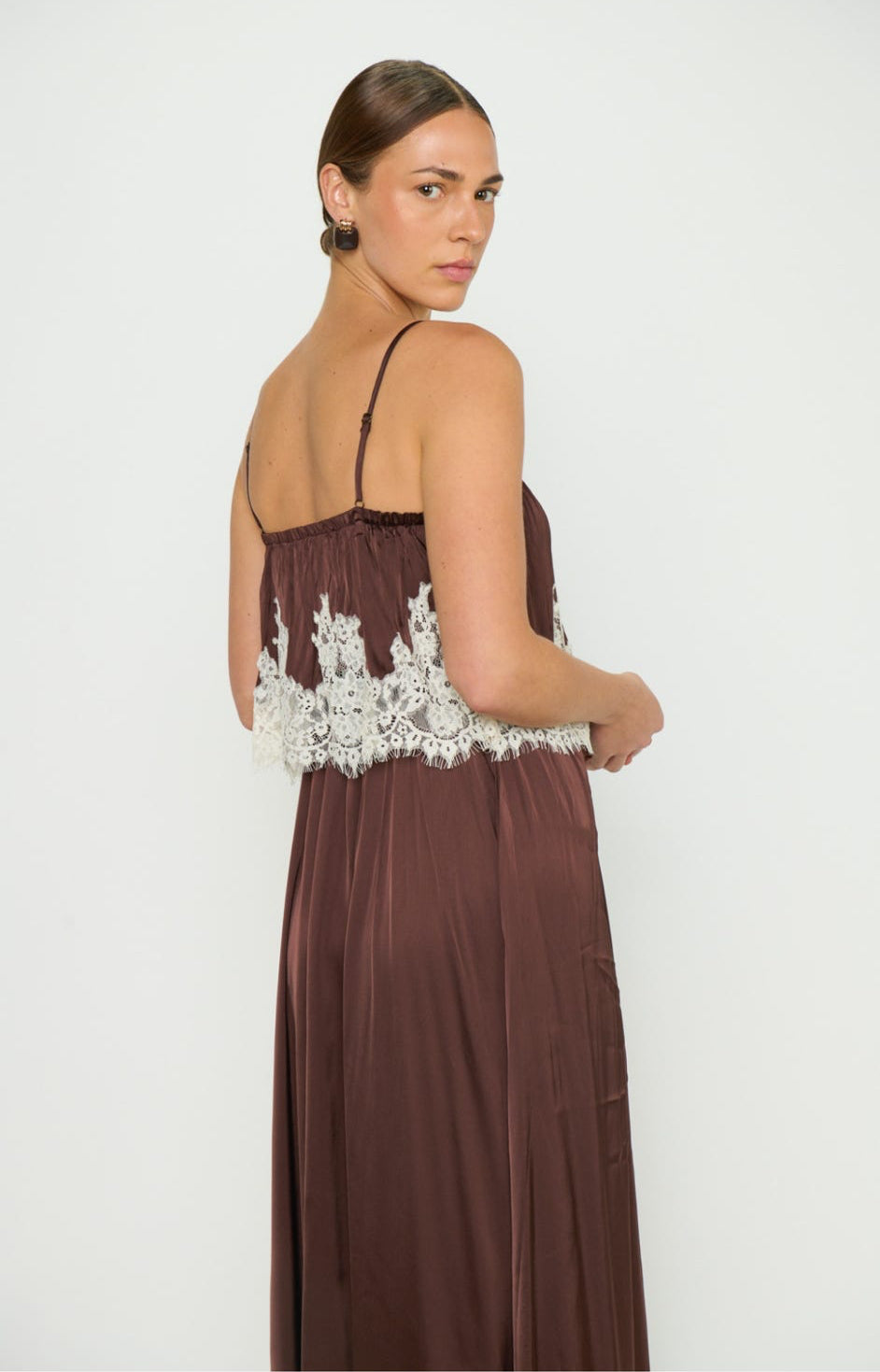 Emmylou Maxi Dress Chocolate Satin with Lace Trim