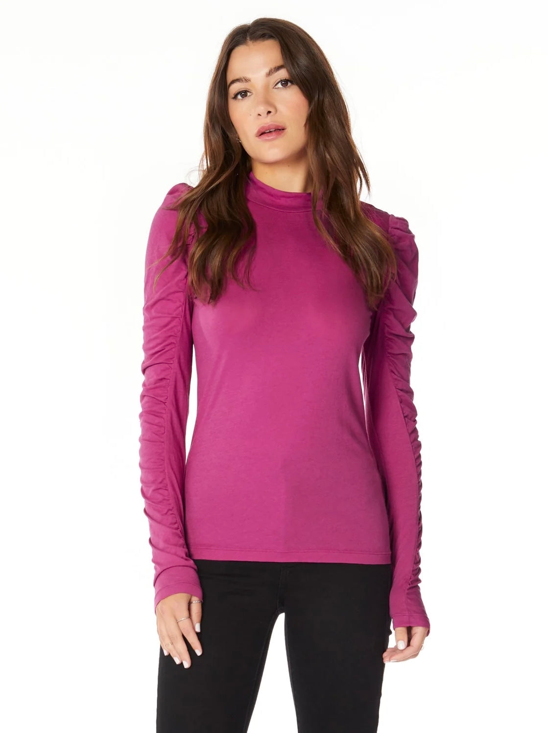 Shirred-Sleeve Turtleneck in Black and Berry Pink