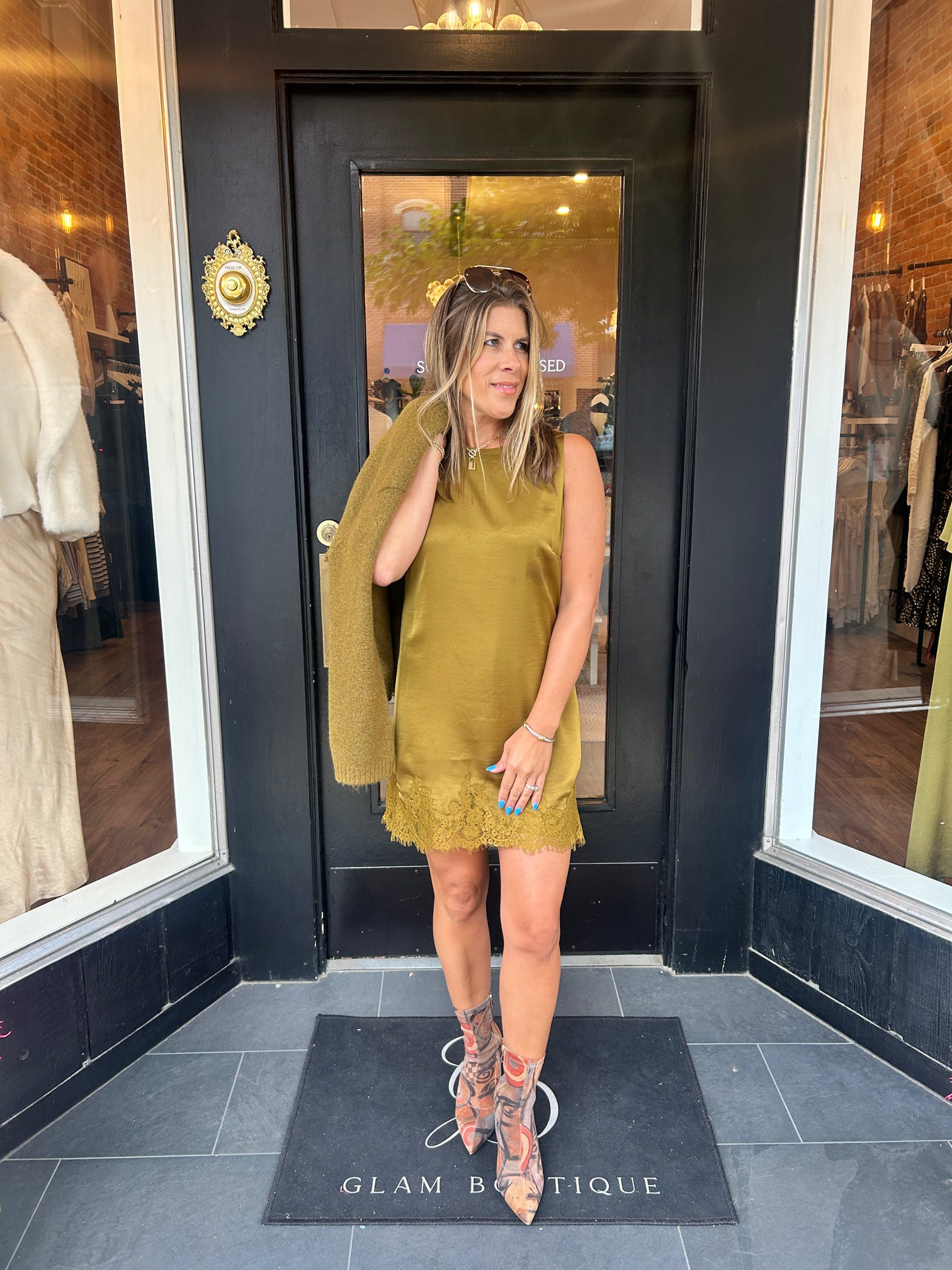 Meadow Muse Lace Mini Dress in Golden Sage