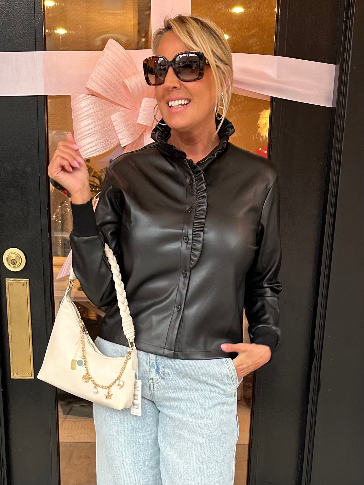 Serena Ruffle Leather Top