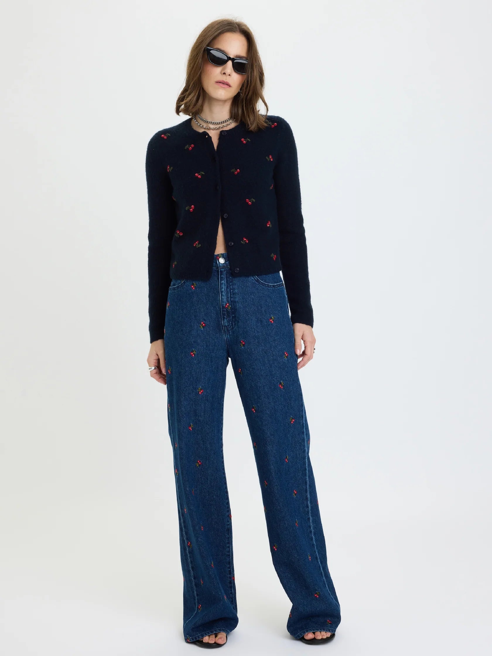 Muse Embroidered Fitted Cardigan- Cherry