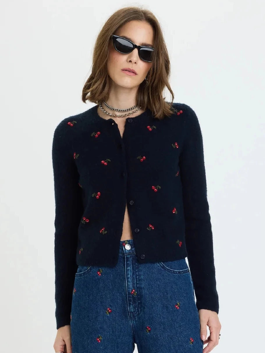 Muse Embroidered Fitted Cardigan- Cherry