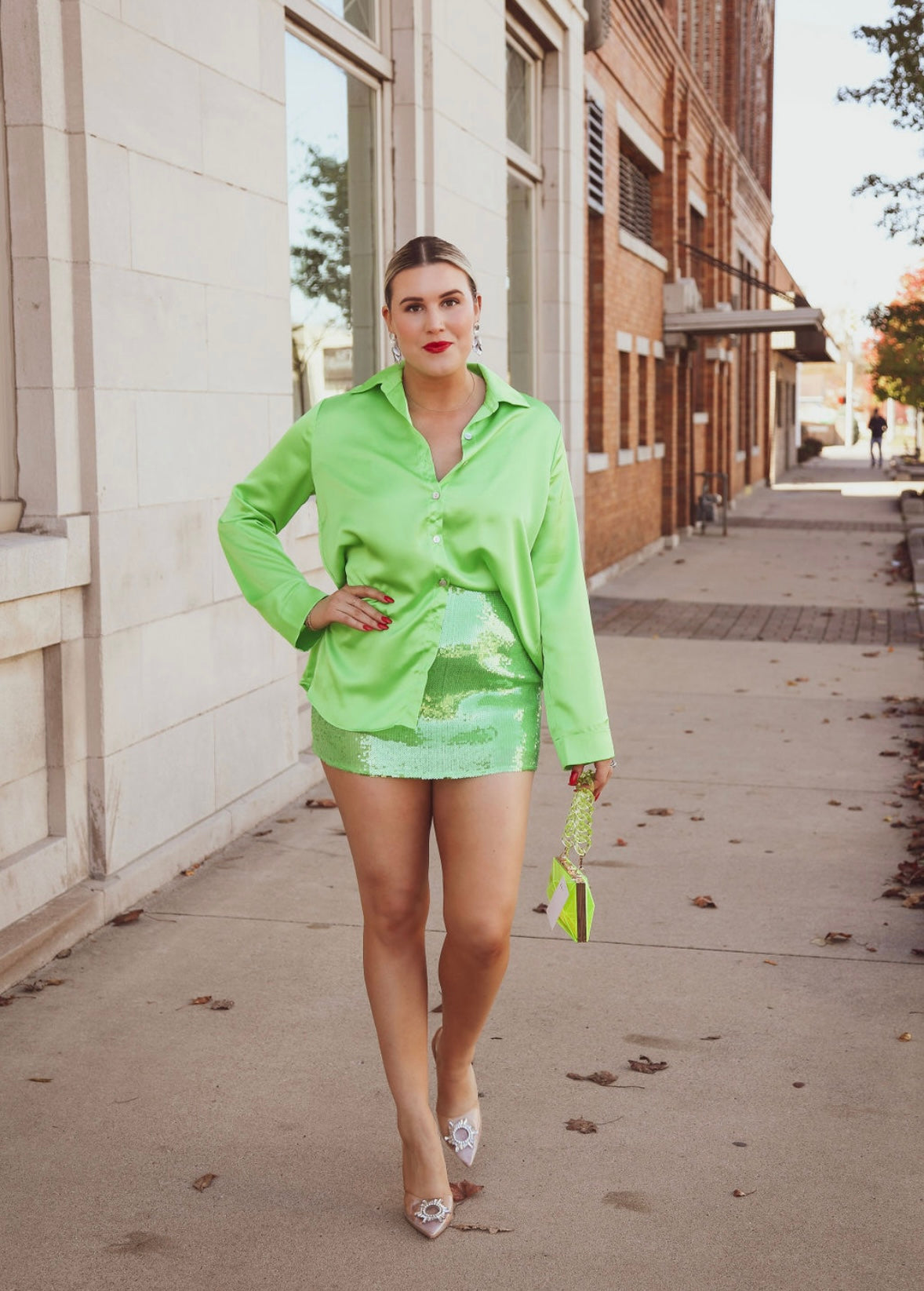 Button Down In Bright Green Luxe Satin