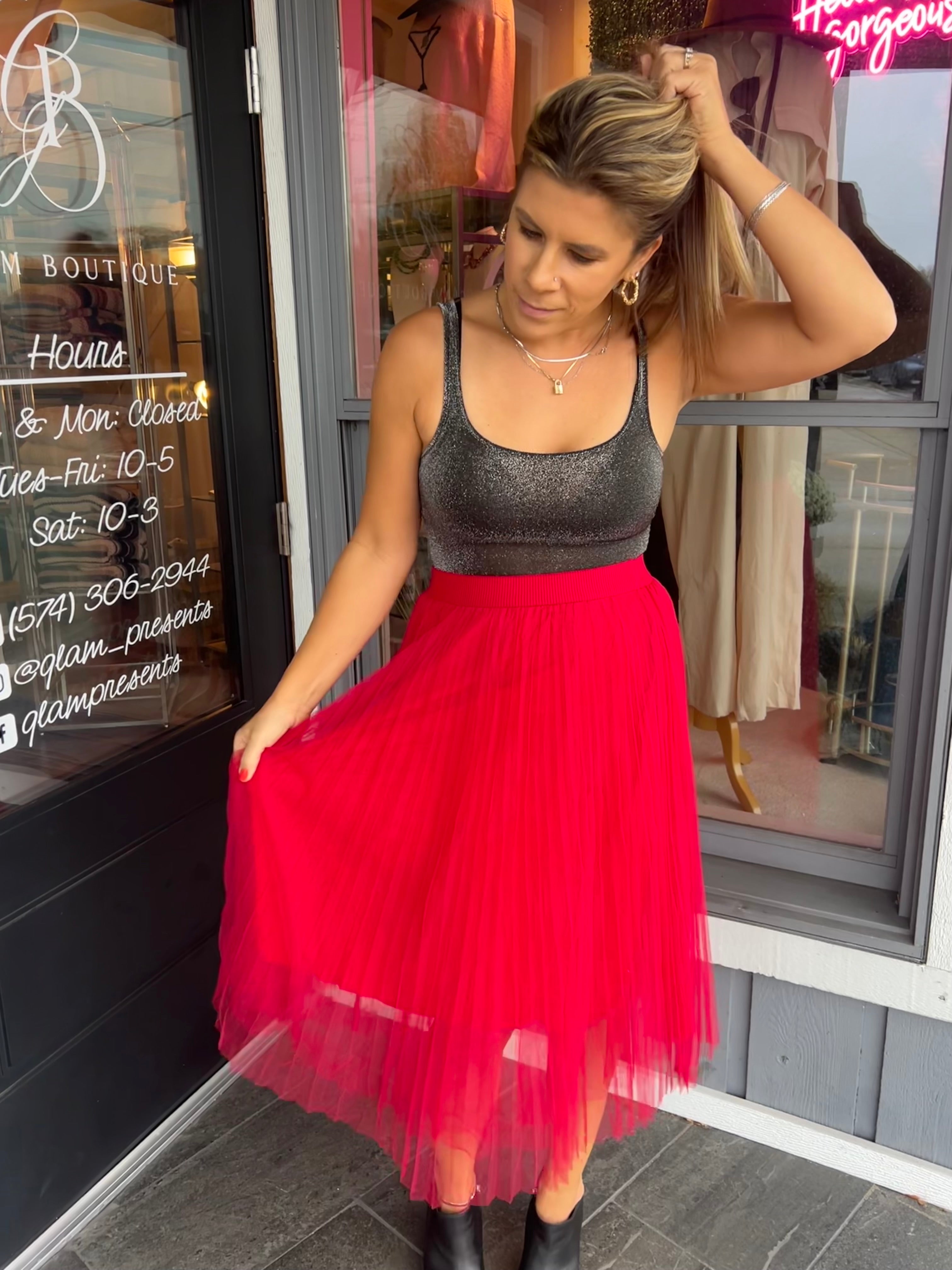 Mesh Pleated Midi Skirt in Hot Pink and Red