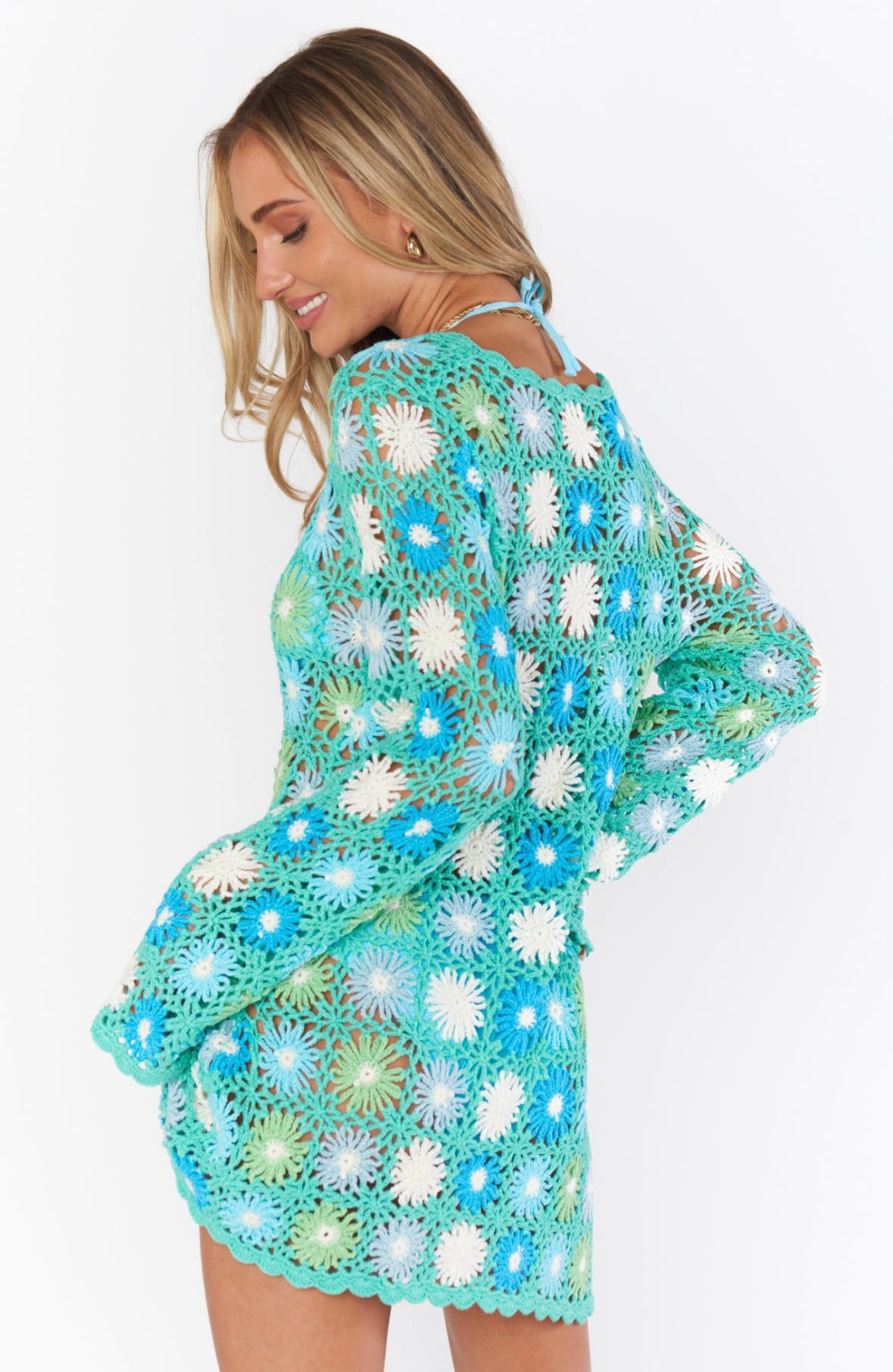 Blue Multi Floral Crochet Mini Coverup