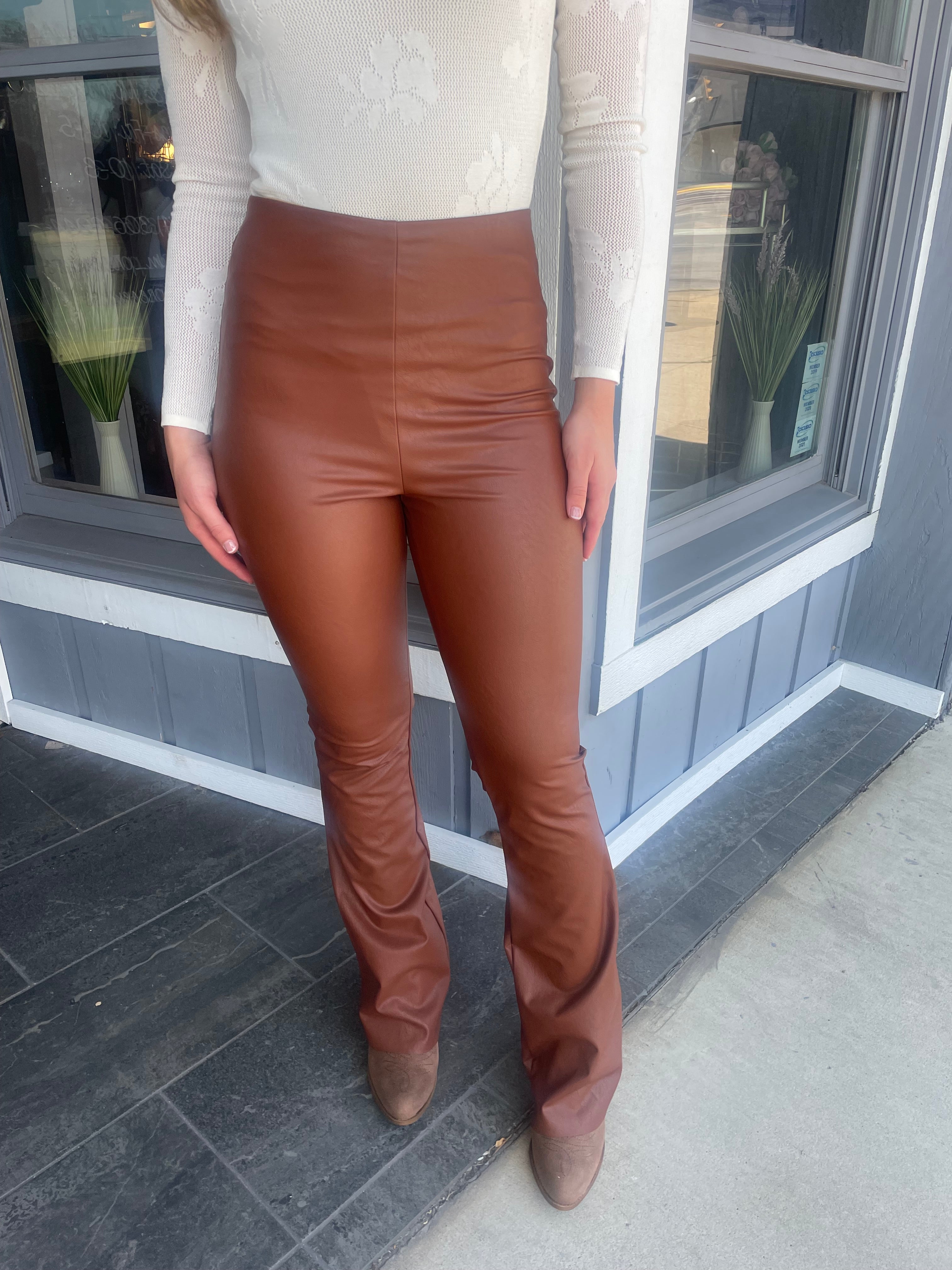 Dark Brown Faux Leather Flare Pants - Women's Slit France