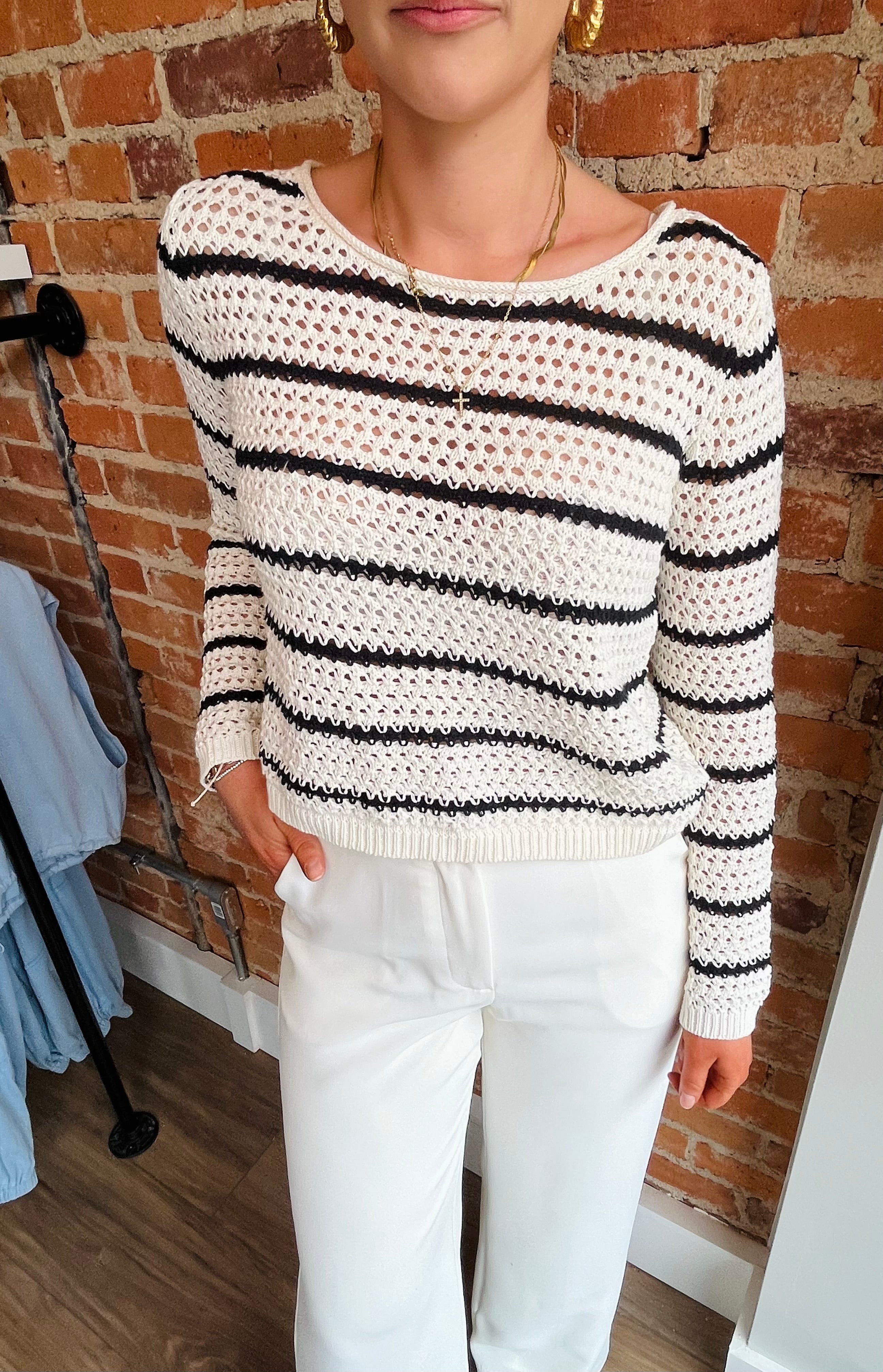 Kit Stripe Crochet Sweater Sea Salt