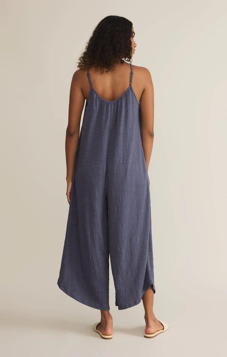Textured Flared Jumpsuit Worn Blue
