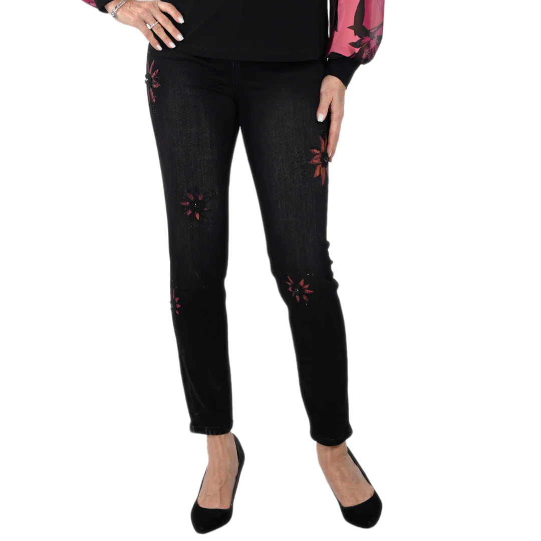 Black/Magenta Woven Flower Jeans