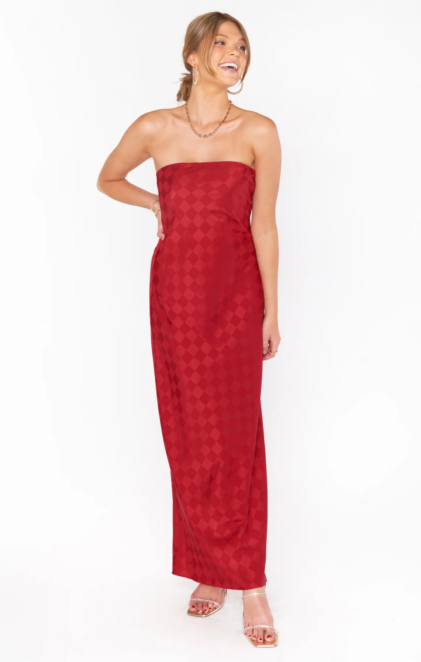 Red Checkerboard Satin Tube Dress