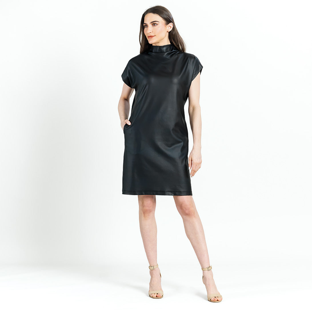 Liquid Leather High Neck Tunic Pocket Dress