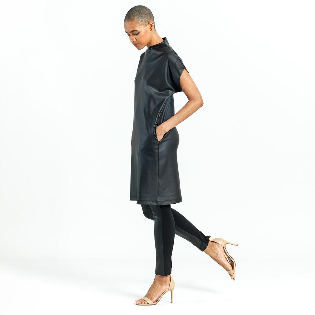 Liquid Leather High Neck Tunic Pocket Dress