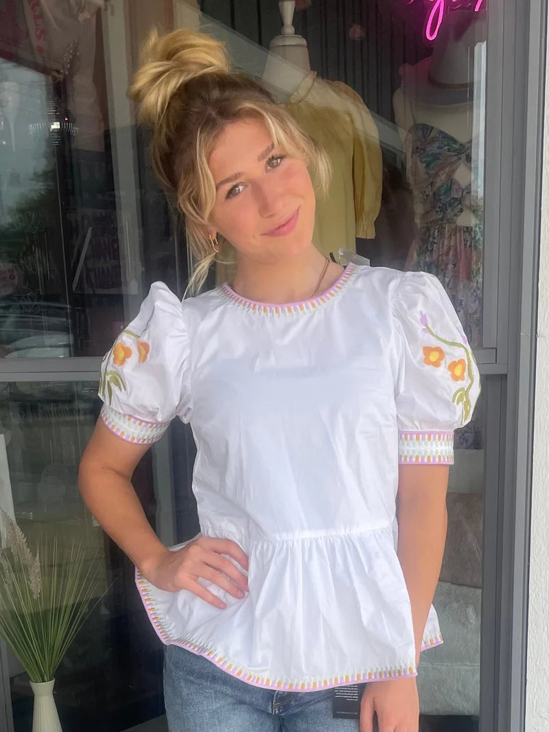 White Floral Embroidered Top