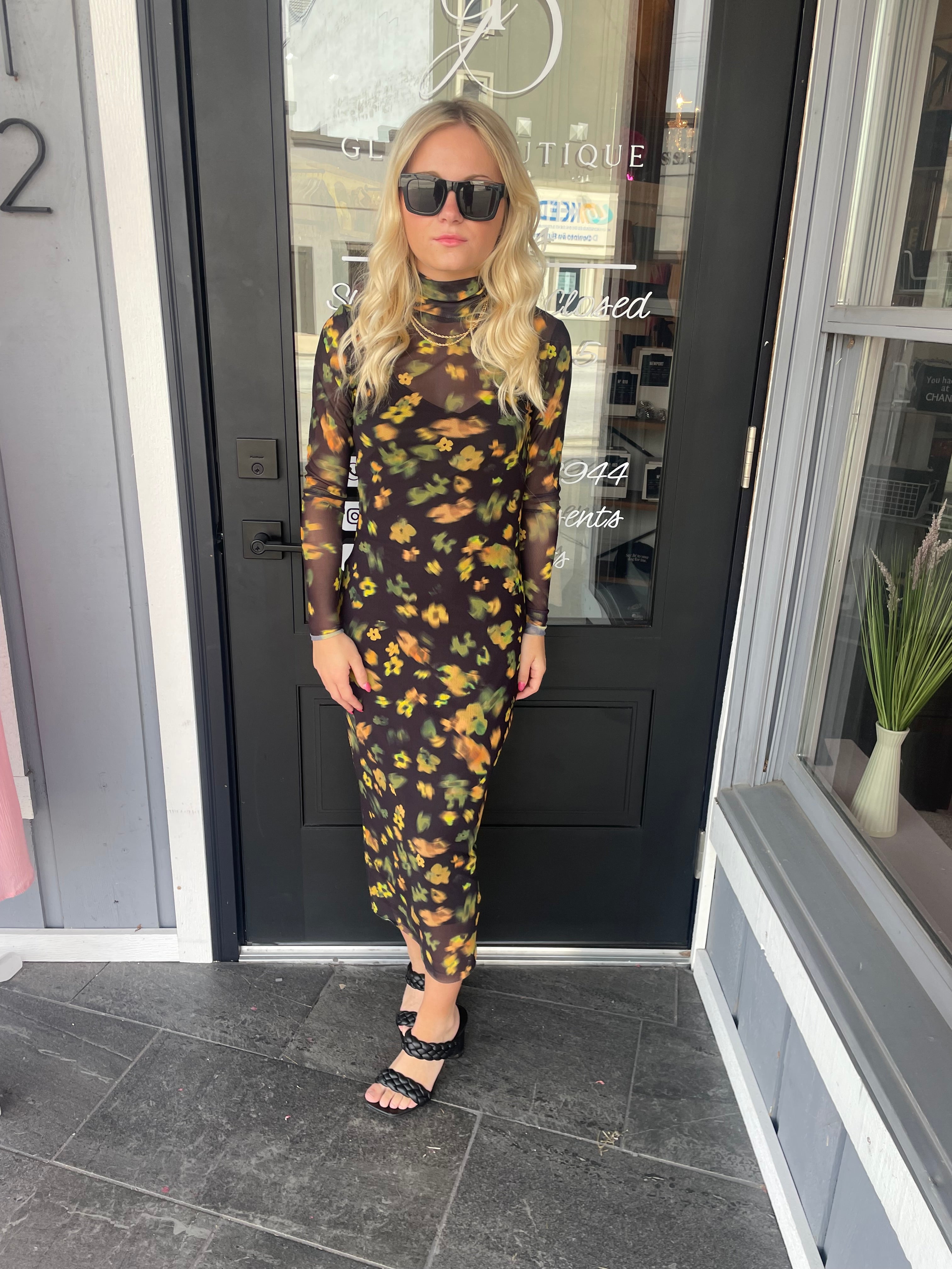 Black Multi Floral Sheer Dress with Black Underpiece