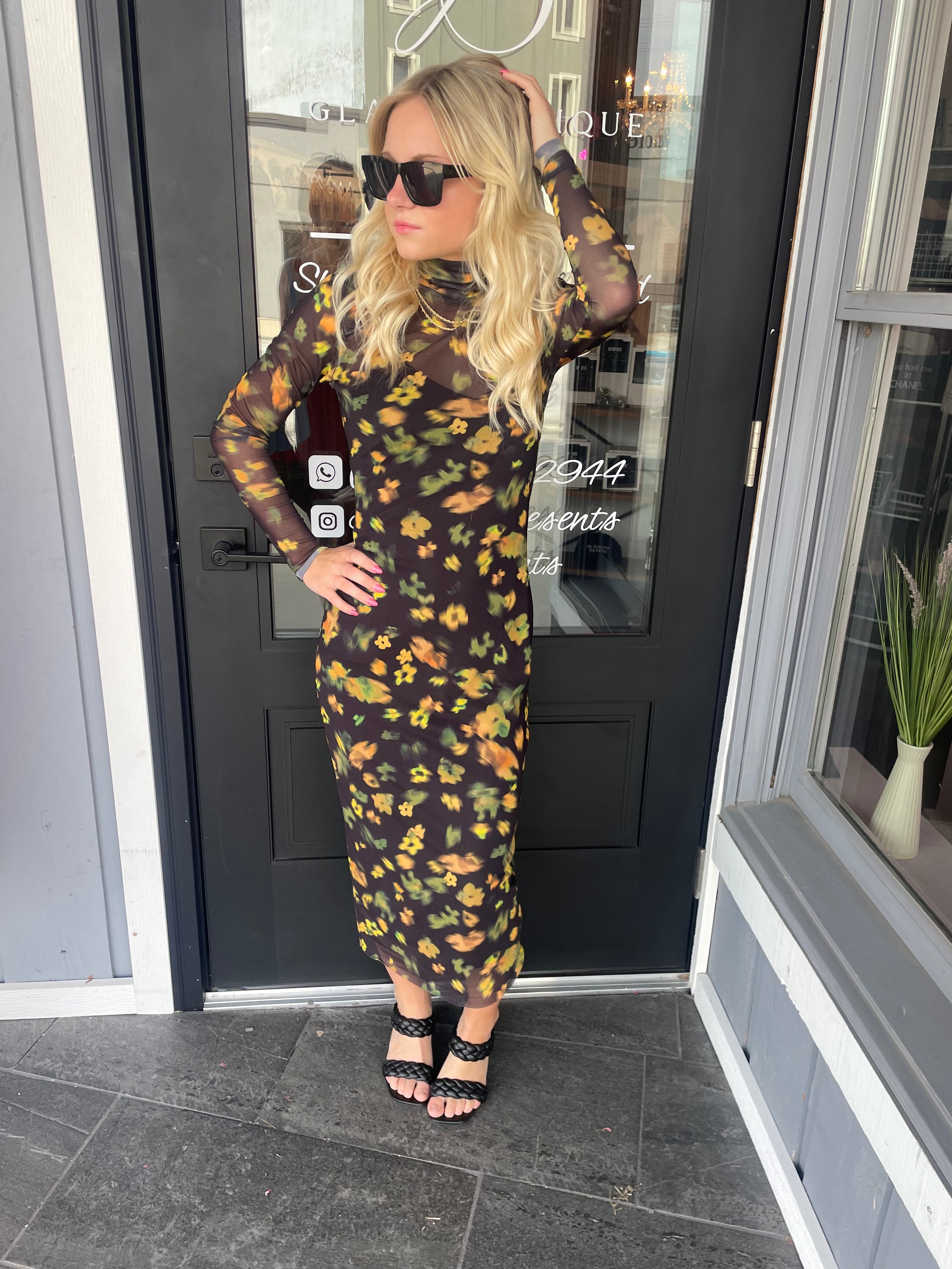 Black Multi Floral Sheer Dress with Black Underpiece